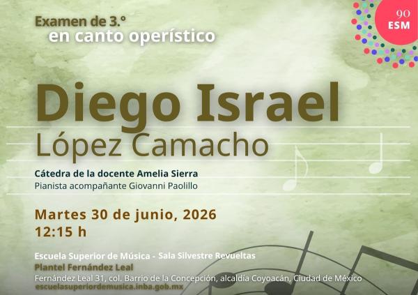 Examen de canto operístico.  Diego Israel López Camacho- Cátedra de la docente Amelia Sierra